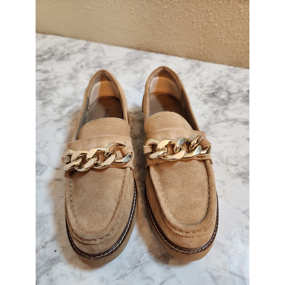Anne Klein Womens 8M Tan Suede Emmy Chain Loafers Gold Hardware iFlex Lug Sole